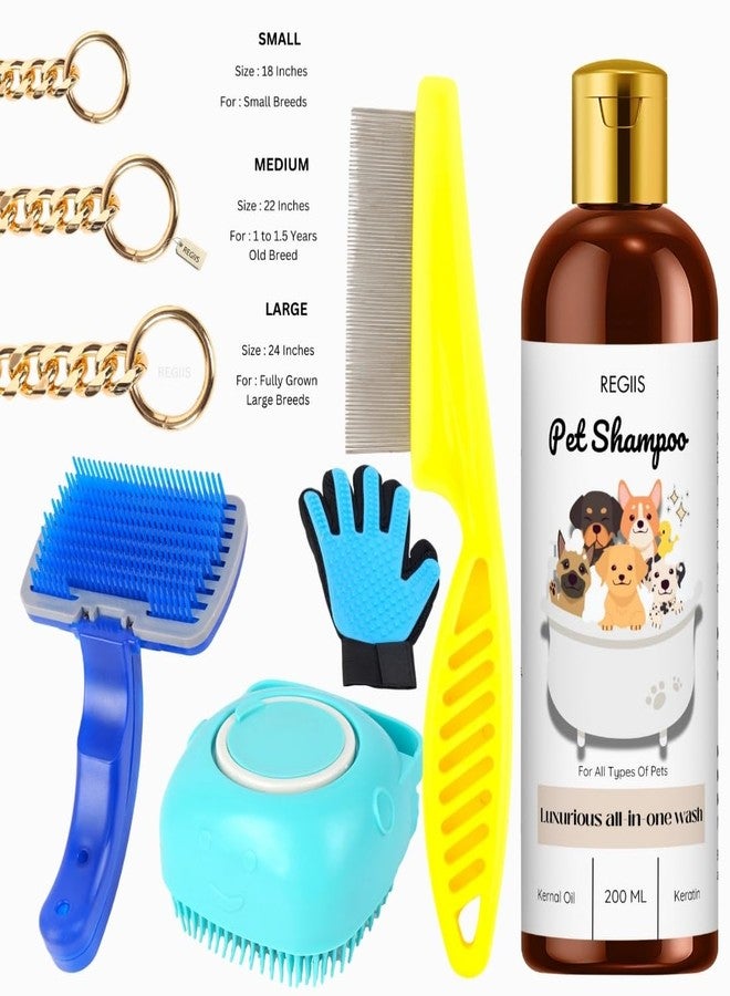 مجموعة ريجيس للعناية بالكلاب مع شامبو للحيوانات الأليفة، وسلسلة طوق، وفرشاة ناعمة، وقفاز للعناية، ومجموعة أمشاط للسلالات الصغيرة والمتوسطة والكبيرة، 200 مل (عبوة من 6 قطع) - Image 1